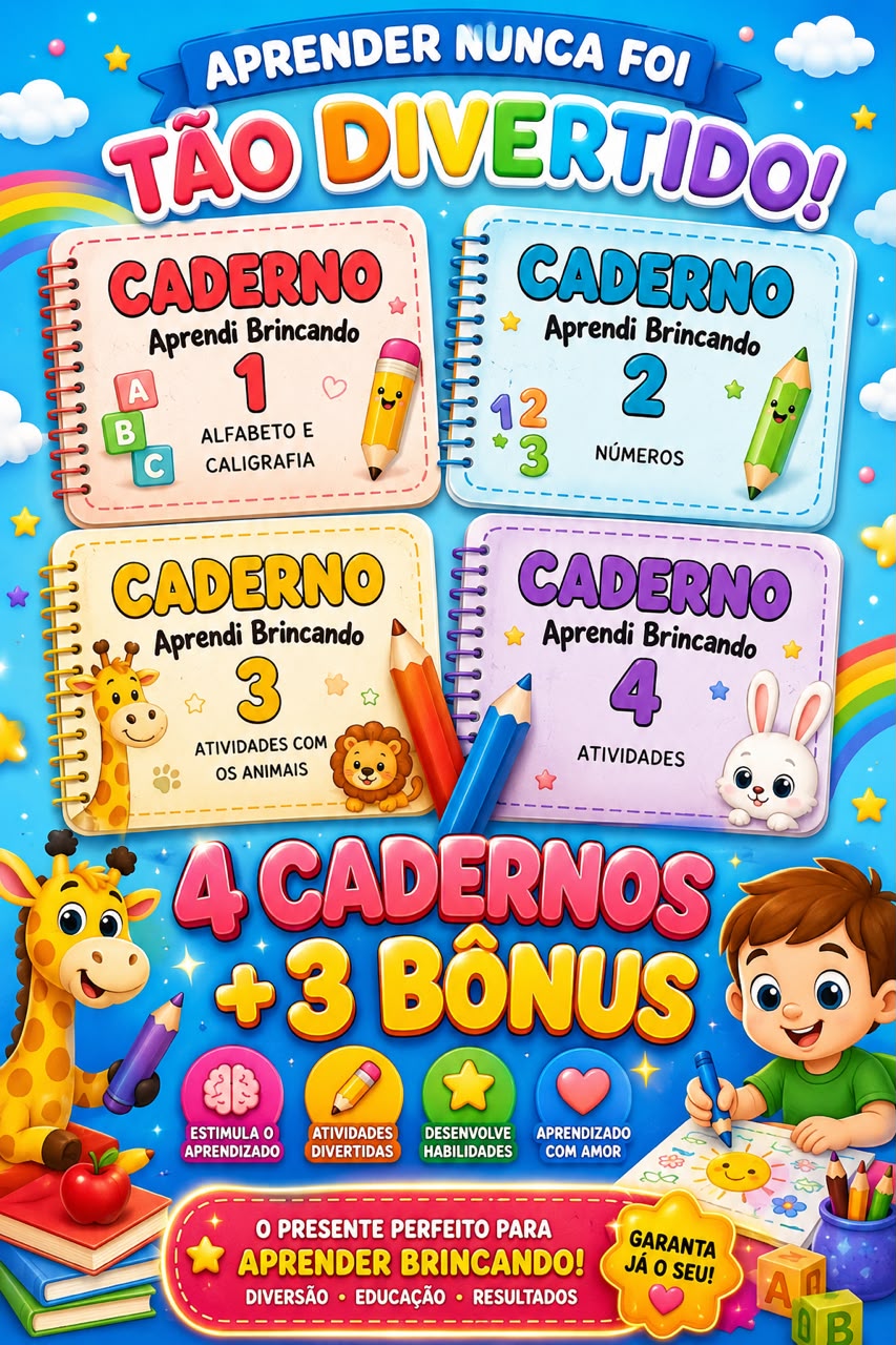 Kit Aprender Brincando: 4 cadernos e 3 bônus de atividades para crianças